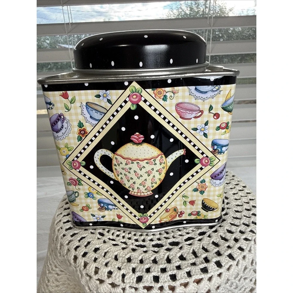 Mary Engelbreit Metal Tin Canister Lid Tea Flowers Teapot Design Vintage.